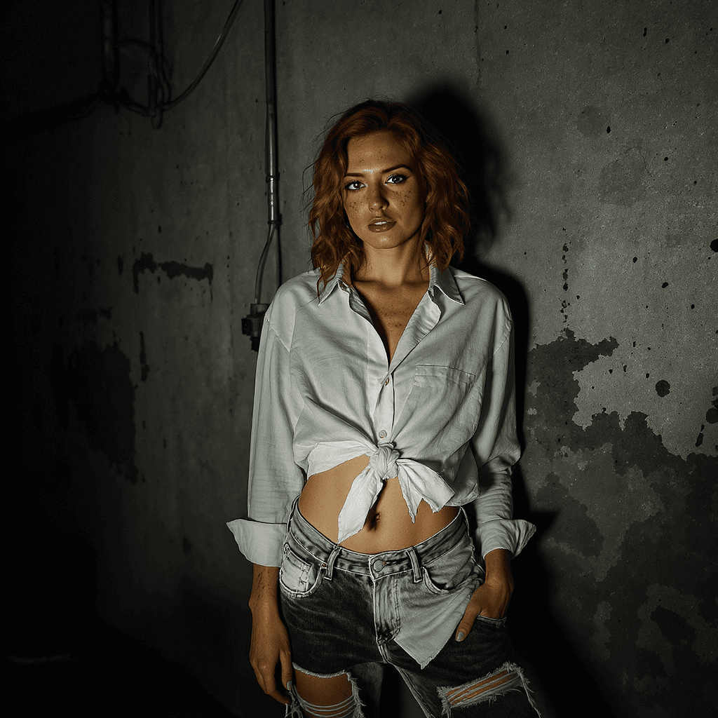 AI generated: abstract, Brutalist high Fashion high angle photo of a 38 year old Chamorro-Venezuelan female freckl...