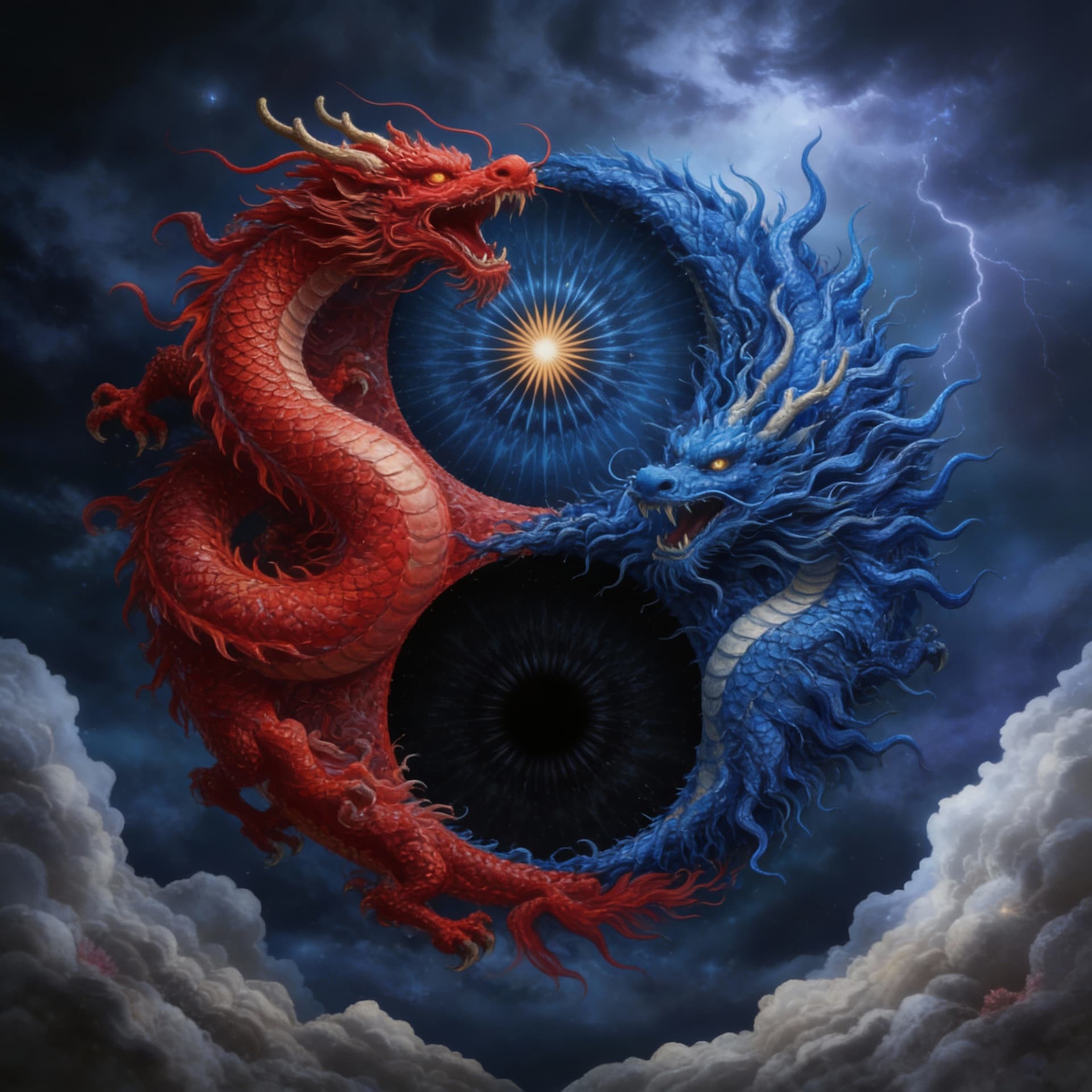 AI generated: Surreal, psychedelic, Red dragon and blue dragon in Yin and Yang under the stormy night sky by Richa...