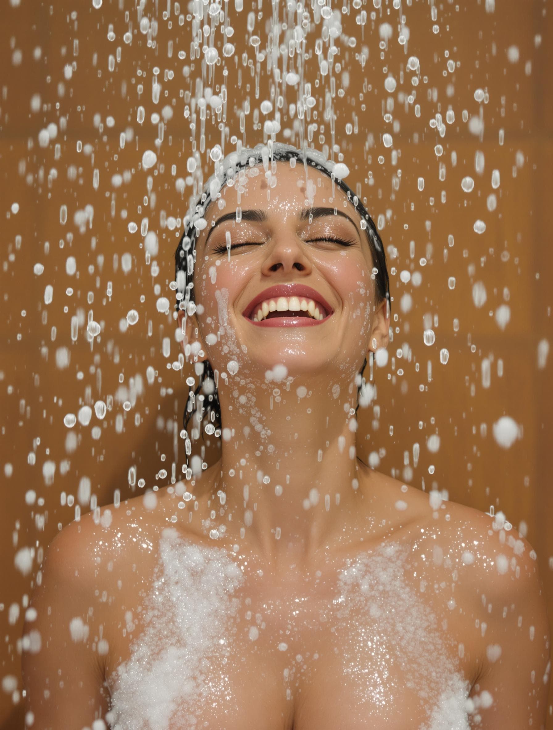 AI generated: A hyper-realistic, full cinematic masterpiece capturing an intimate, joyful shower moment — a radian...