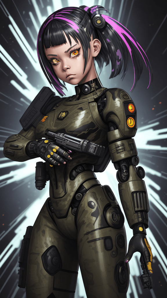 AI generated: in a funky background portrait of little (((((Cyborg female))))):5.5,wearing((army attire)):2.2, sho...