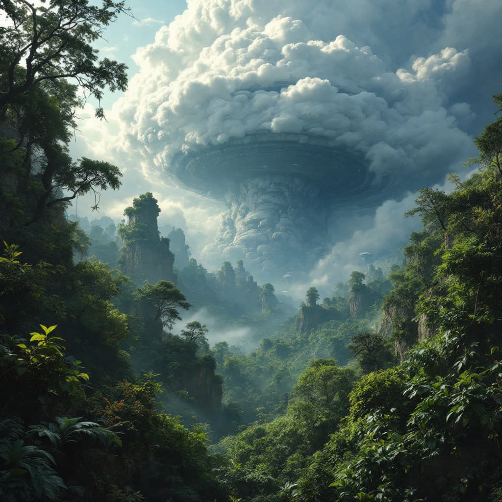 AI generated: Dense jungle. crash landed big mother-ship ufo broken off edges, vines over taking, long lost, no su...