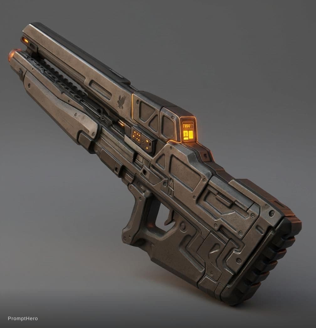 AI generated: futuristic gun with angular body, brown-gray metal panels, and orange illuminated sights.
