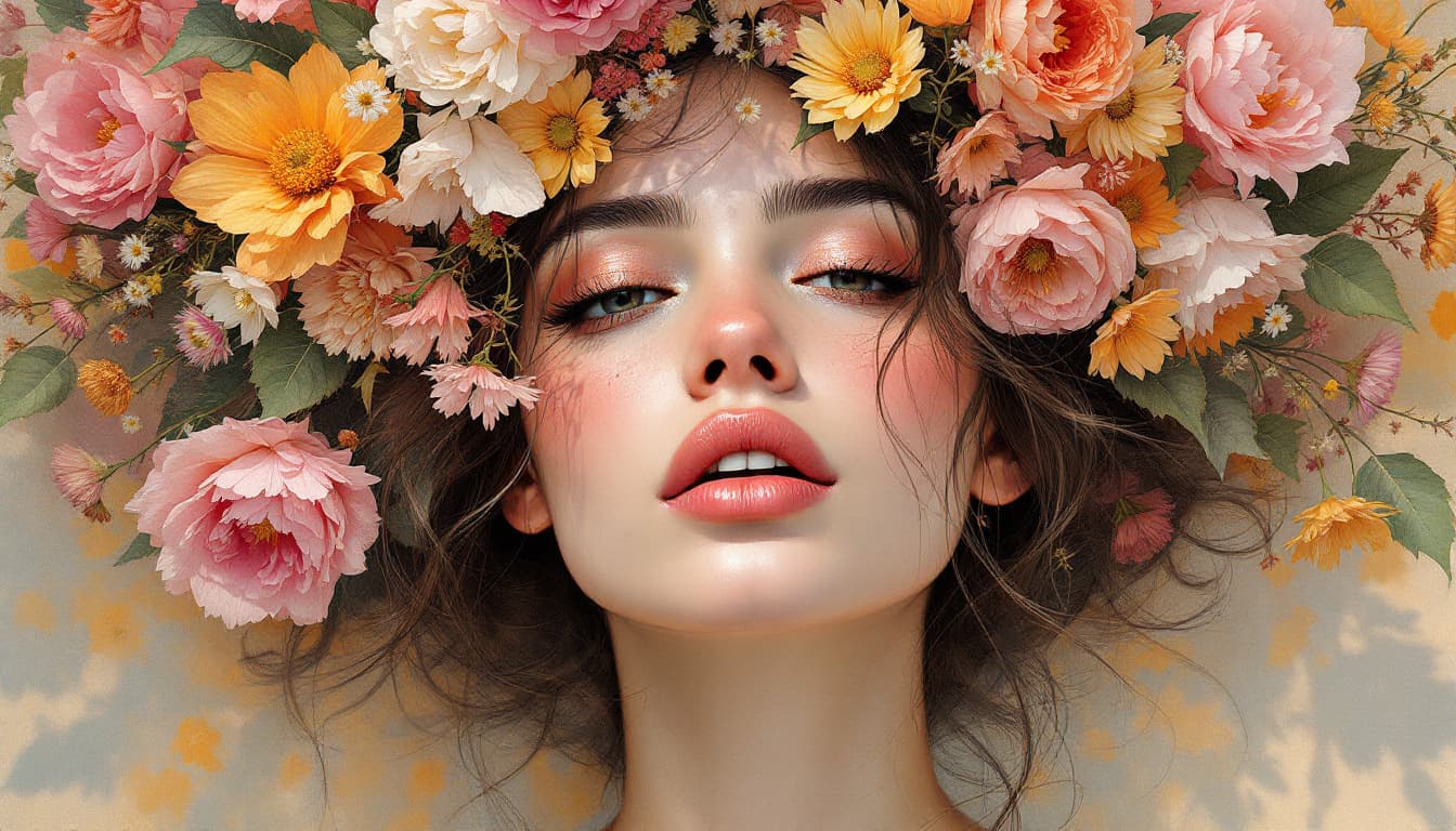 AI generated: commercial illustration of a woman dressed in flowers with flowers in her hair, in the style of artg...