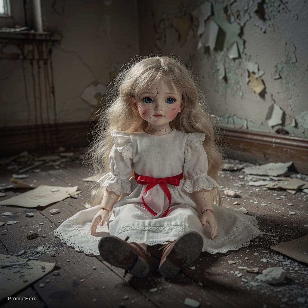 AI generated: A delicate doll with pale, cracked skin and striking blue eyes sits quietly in an aged room. Her blo...