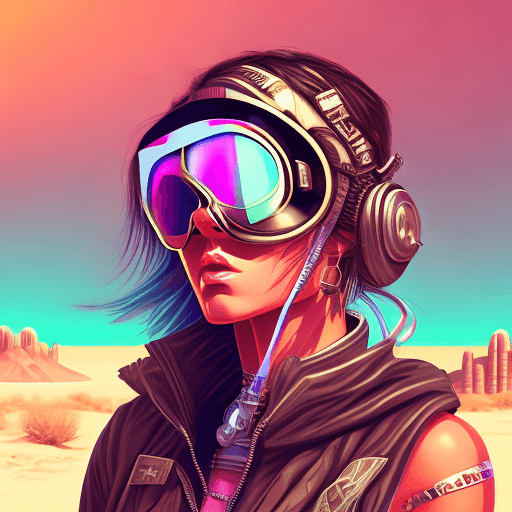 AI generated: female character wearing goggles while sitting in the desert, in the style of cyberpunk imagery, rea...