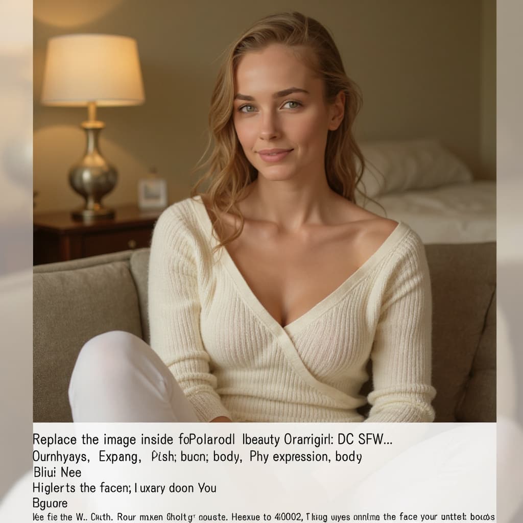 AI generated: fantasy art, woman , young, messy ponytail dark blonde hair, grey  eyes, sitting on sofa, crossed le...