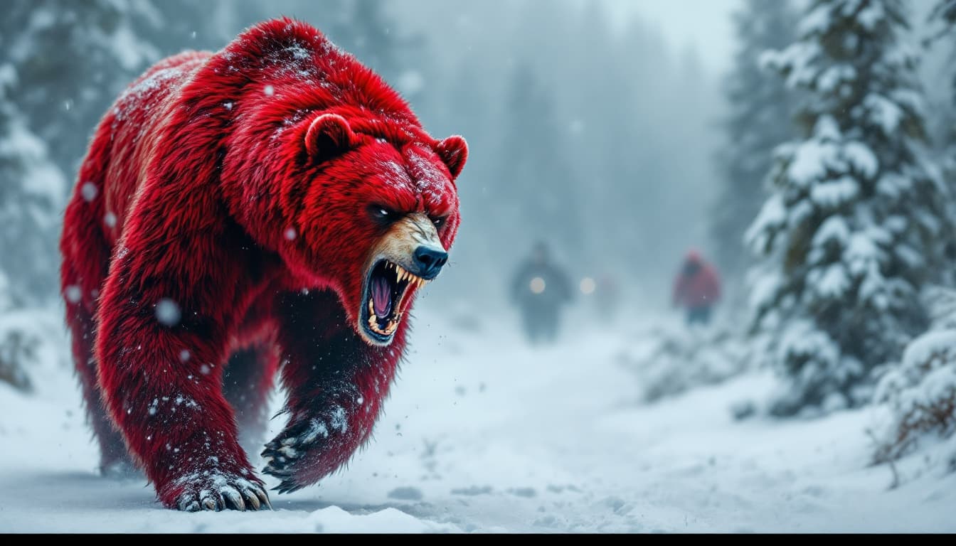 AI generated: A large, enraged red bear walks through the snow towards its destination, a snowy environment, its f...