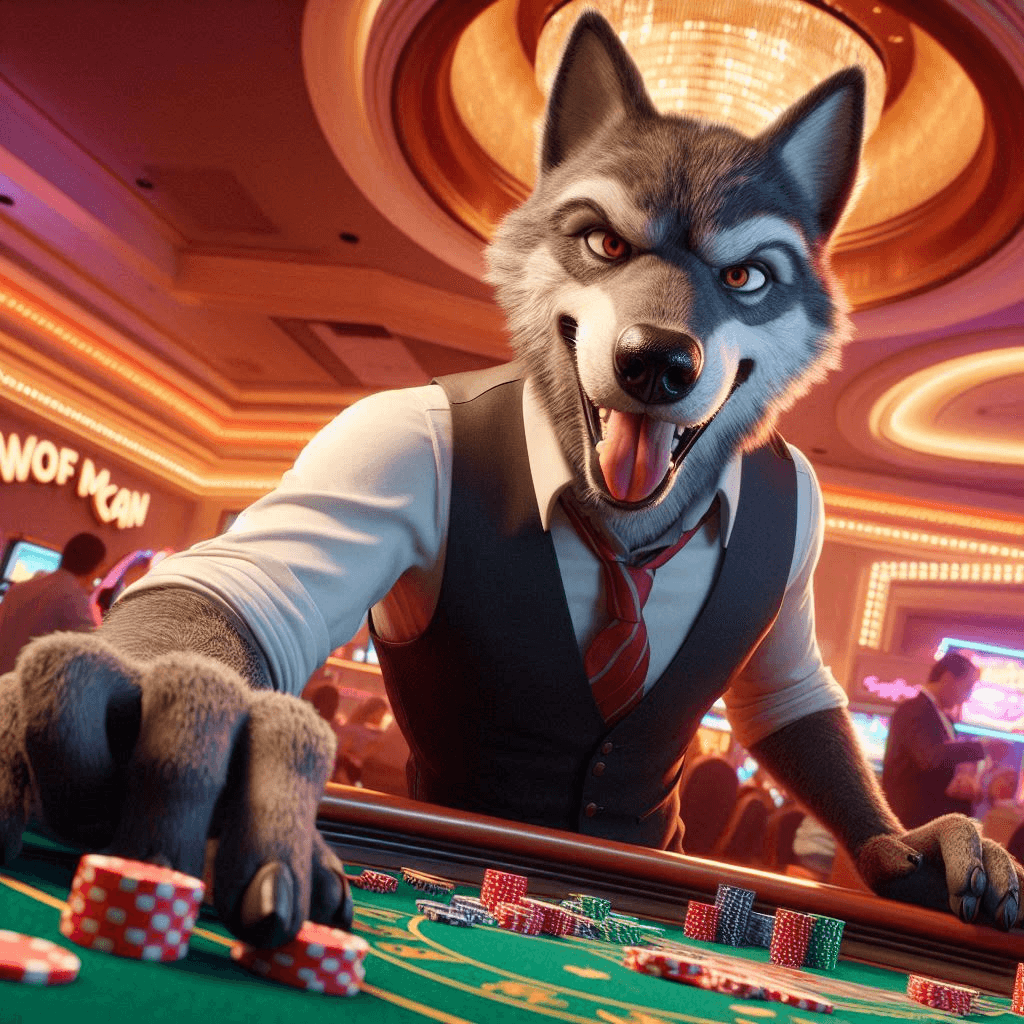 AI generated: A wolf man doing dumb crazy stunts in a casino, close-up cinematic high quality 3D CGI anime animati...
