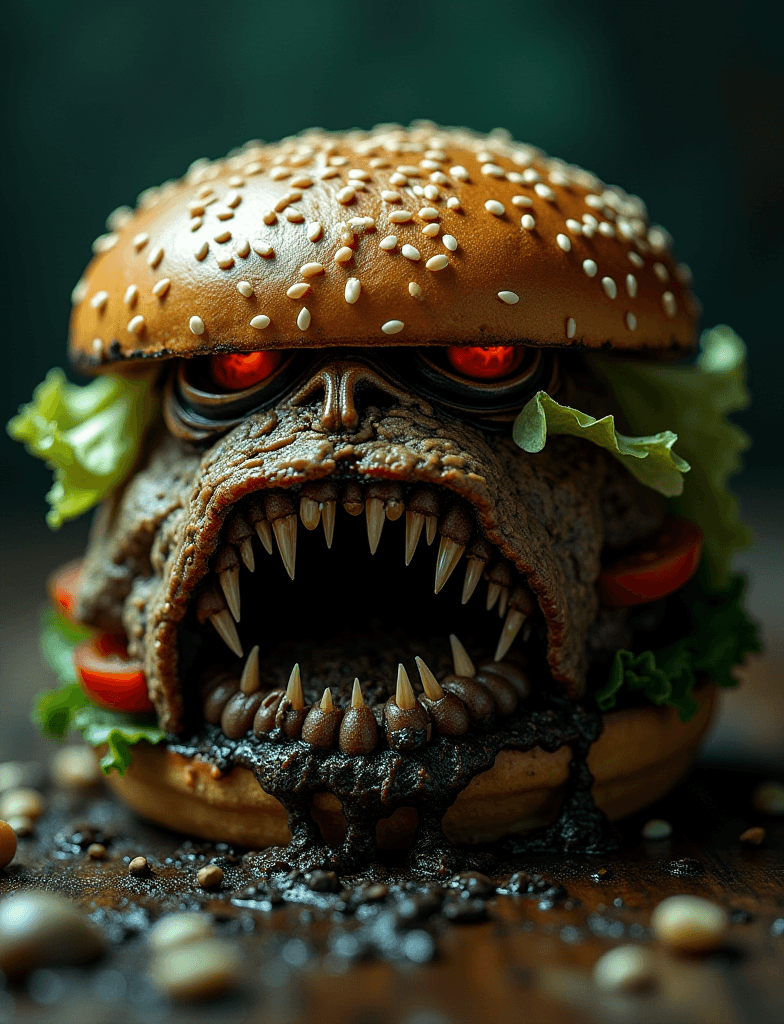AI generated: A close-up of a rotten, decayed hamburger brought to life with a menacing, evil aura. The moldy bun ...