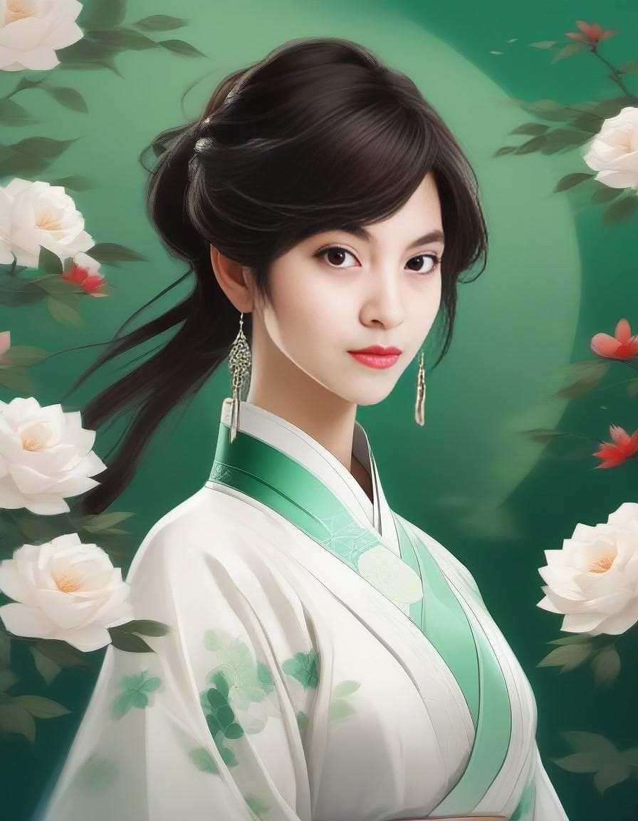 AI generated: art print, woman, chinese, in the style of charming anime characters, serene mood, xu beihong, jon j...