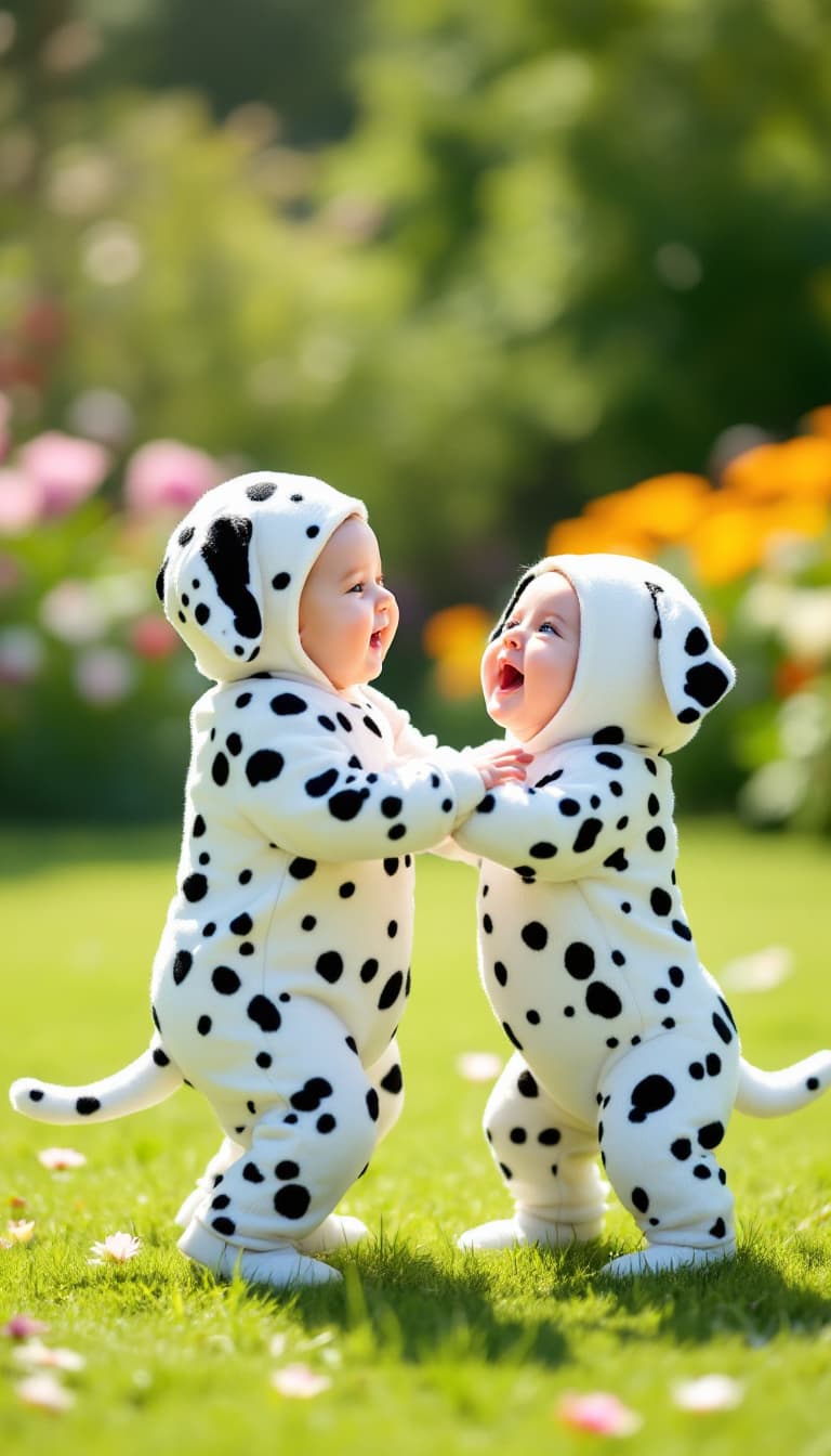 AI generated: A hyper-realistic image of a baby and a Dalmatian puppy, both the same size; the baby is dressed in ...