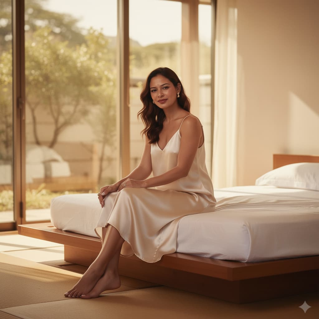 AI generated: In a tranquil minimalist bedroom, a poised woman sits on a low modern platform bed, serene and self ...