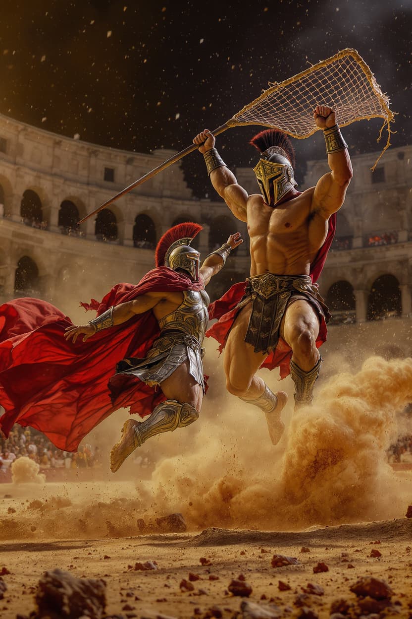 AI generated: Battle-worn Roman slave gladiator, ornate but damaged armor, crimson cloth fluttering in slow motion...