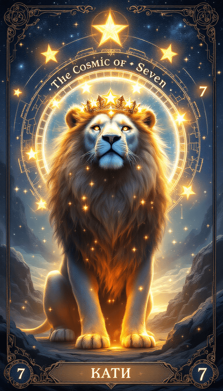 AI generated: /imagine prompt: A stunning tarot card called "The Cosmic Gate of Seven," portraying a celestial lio...