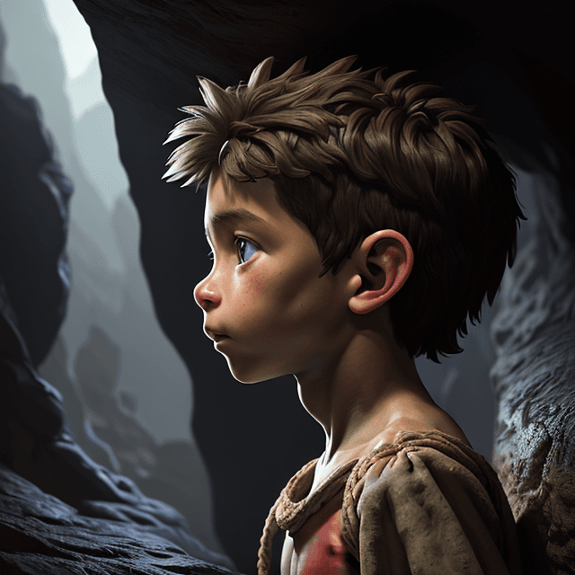 AI generated:  a young prehistoric boy in a cave, side view, 8k