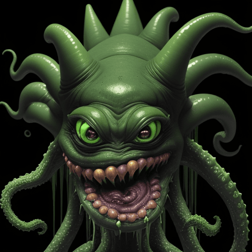 AI generated:  high quality foto of a green black alien space monster, moster with grimaces and big very long teet...