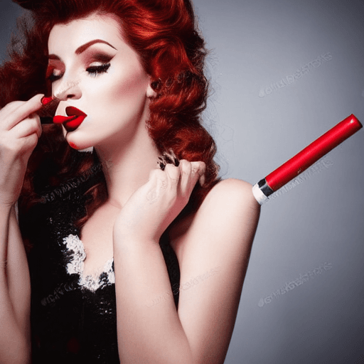 AI generated: sultry femme fatale with red lips smoking long white cigarette