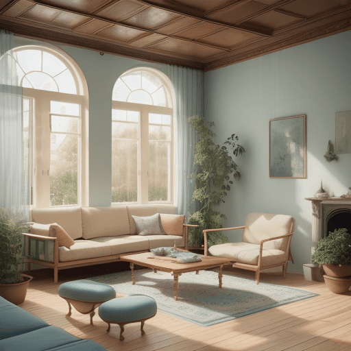 AI generated: High resolution photography interior design, dreamy sunken living room conversation pit, wooden floo...