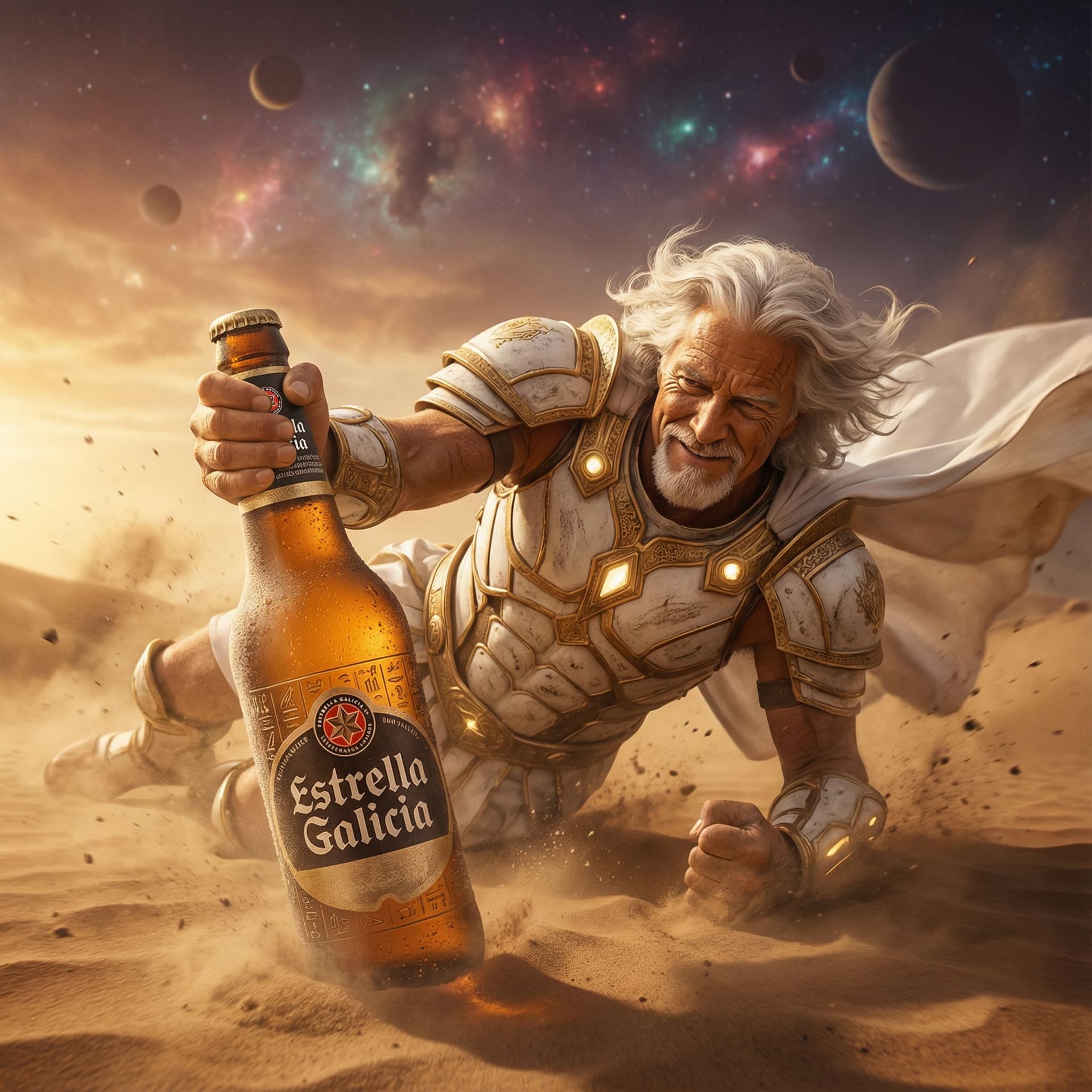 AI generated: god in luxurious white and gold armor, captured in a dramatic falling moment in a fantastical desert...