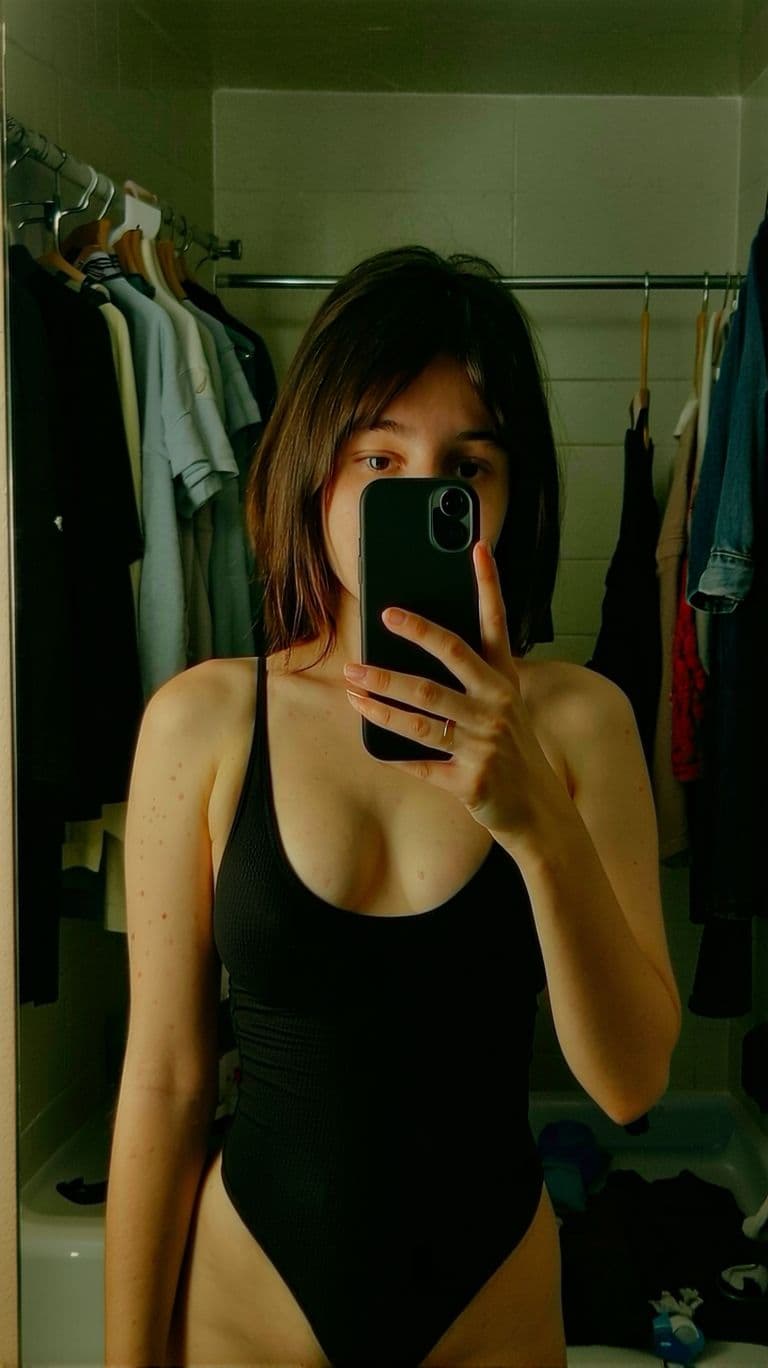 AI generated: A 30 years old woman stands in front of a mirror wearing swuimsuit, capturing a selfie. The image qu...