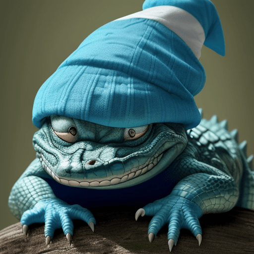 AI generated: An old alligator camouflaged like a smurf with a white tuque on his head.