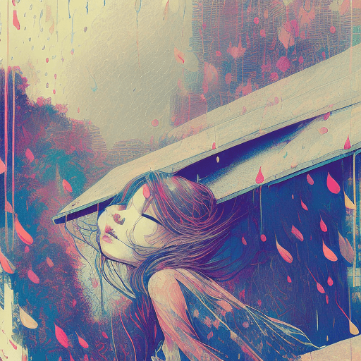 AI generated: Raindrops on the roof, Pitter-patter lullaby, Cleansing for the soul| dynamic pose | centered| key v...