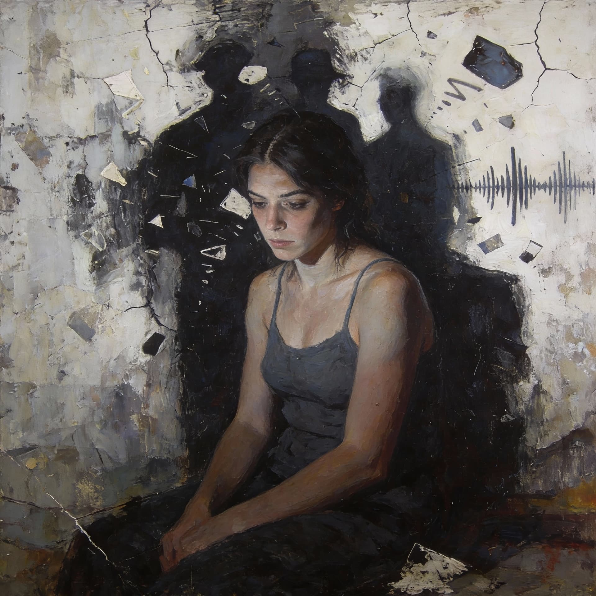 AI generated: Abstract psychological fine art painting, woman sitting in silence, shadows and old memories painted...