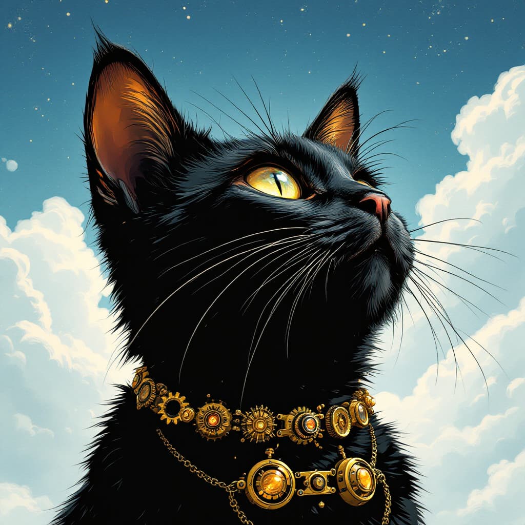 AI generated: Steampunk portrait of a cat looking up the sky.  Fantasy comics style, black and golden colors, deta...