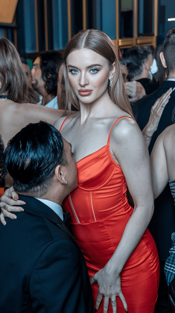 AI generated: A pretty white woman wearing hot red dress  with light brown hair and pure blue eyes . She is in par...
