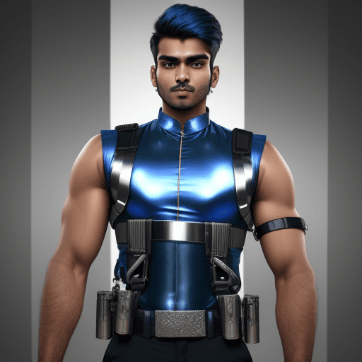 AI generated:  indian male age 26, broad shouldered, very muscular, 2 meters tall , chrome metal  skin tight body ...