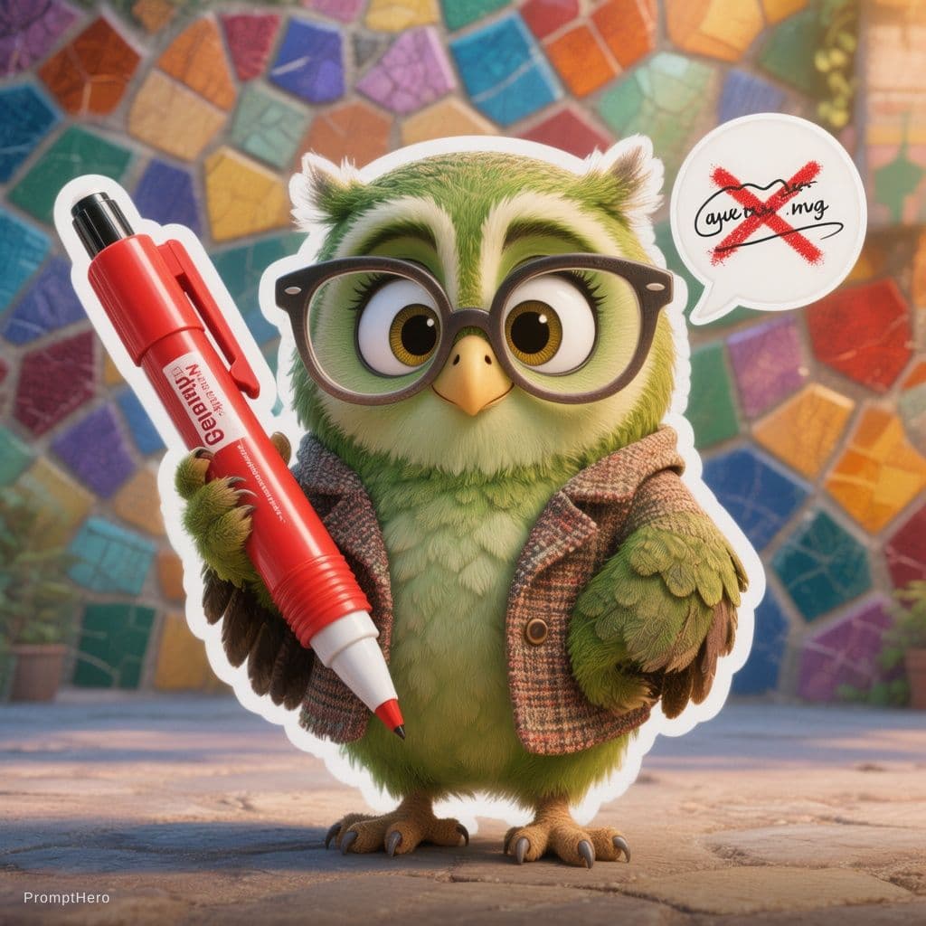 AI generated: A single cute chubby green cartoon owl with big expressive eyes, wearing thick-rimmed glasses and a ...
