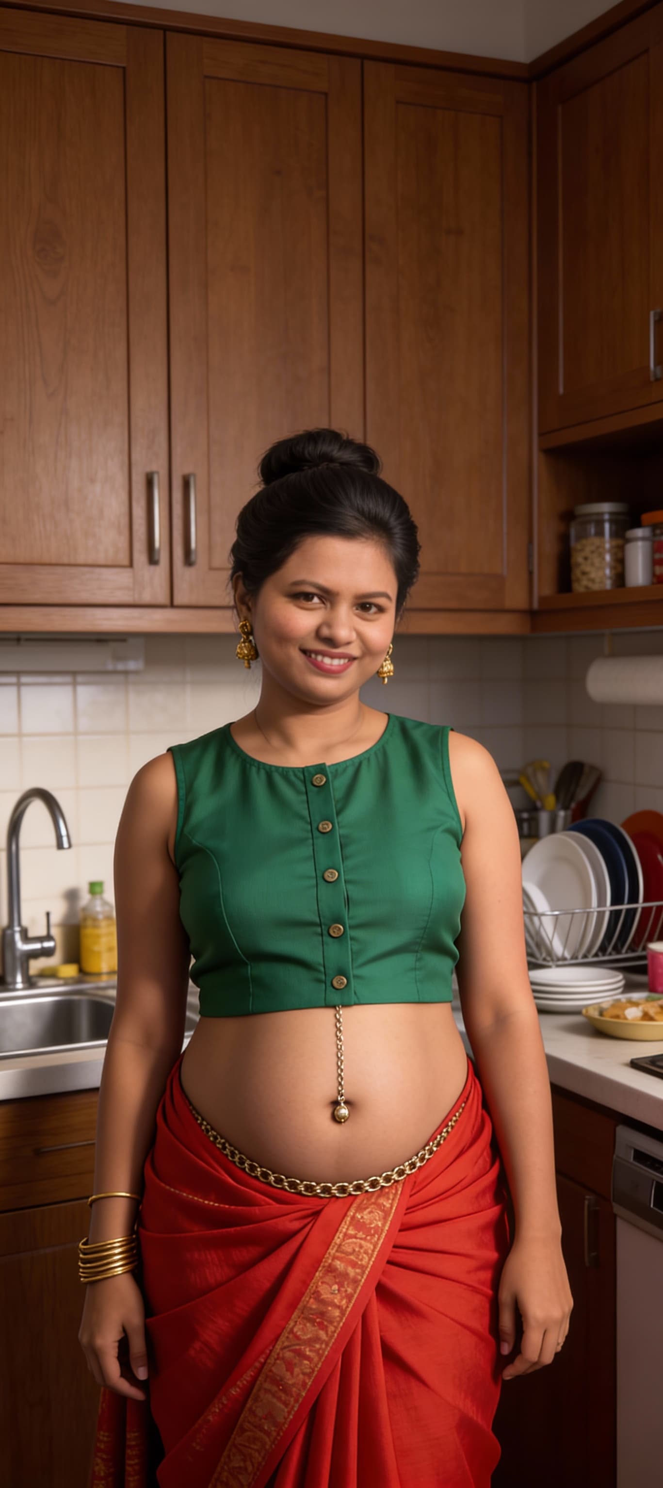 AI generated: Make this image in
Ultra Realistic this girl standing in a kitchen, is wearing a green sleeveless , ...