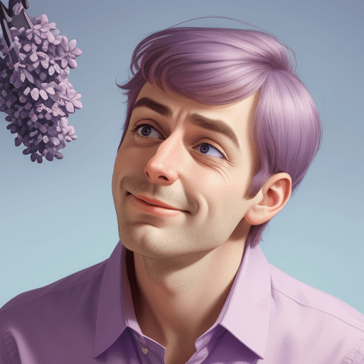 AI generated: figurative portrait of a cartoon funny man looking up thoughtfully, wearing a lilac shirt