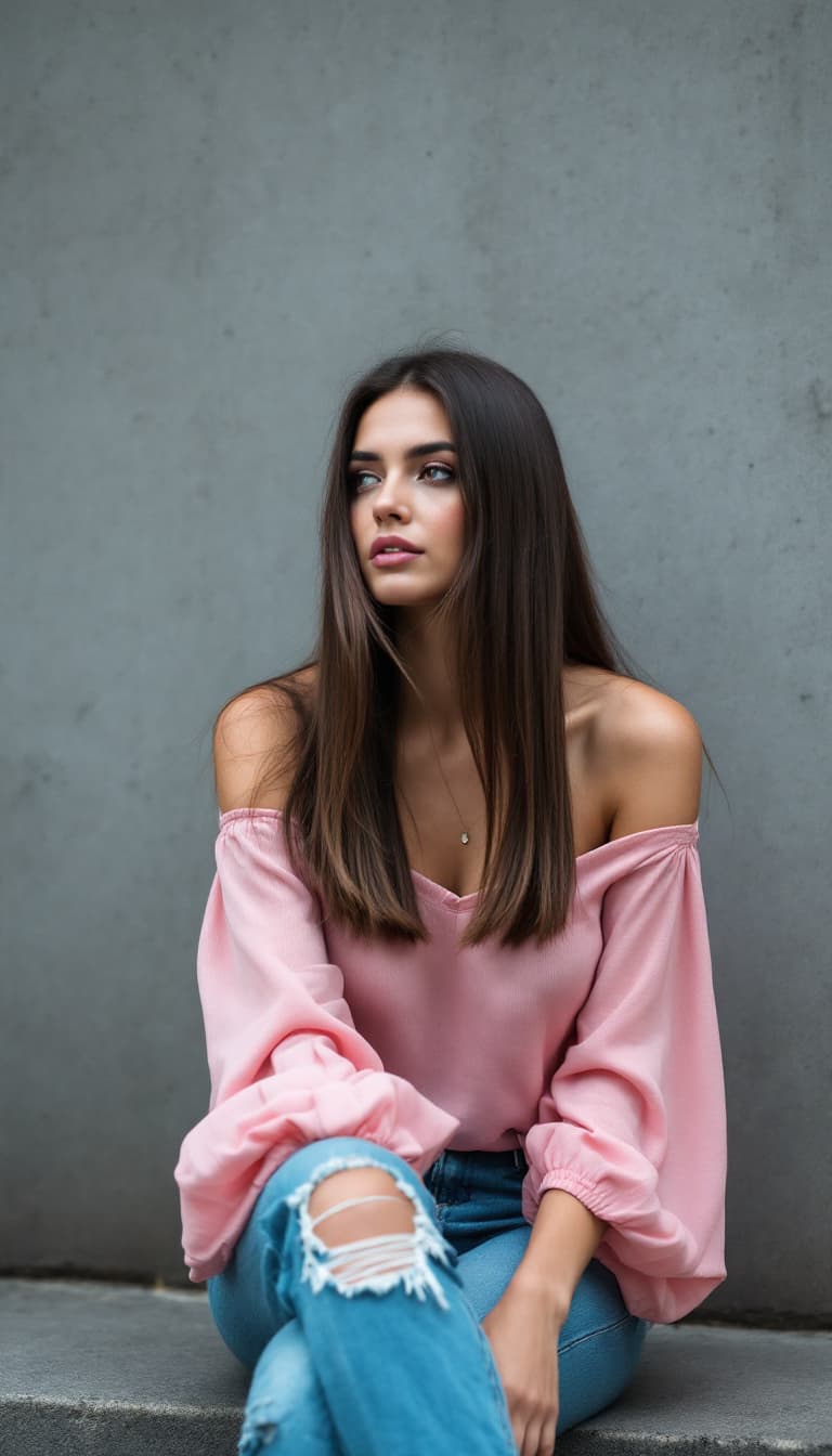 AI generated: A woman is seated on a wide step with her legs crossed. Her straight long brunette hair frames her b...
