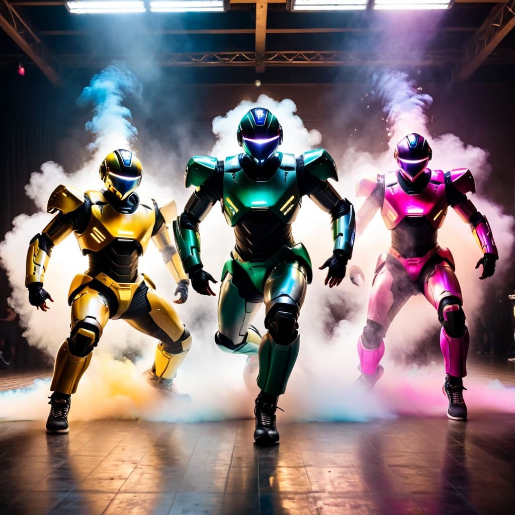 AI generated: epic realistic, three colorfull robots dancing breakdance, breakdance battle, acrobatics, colorfull ...