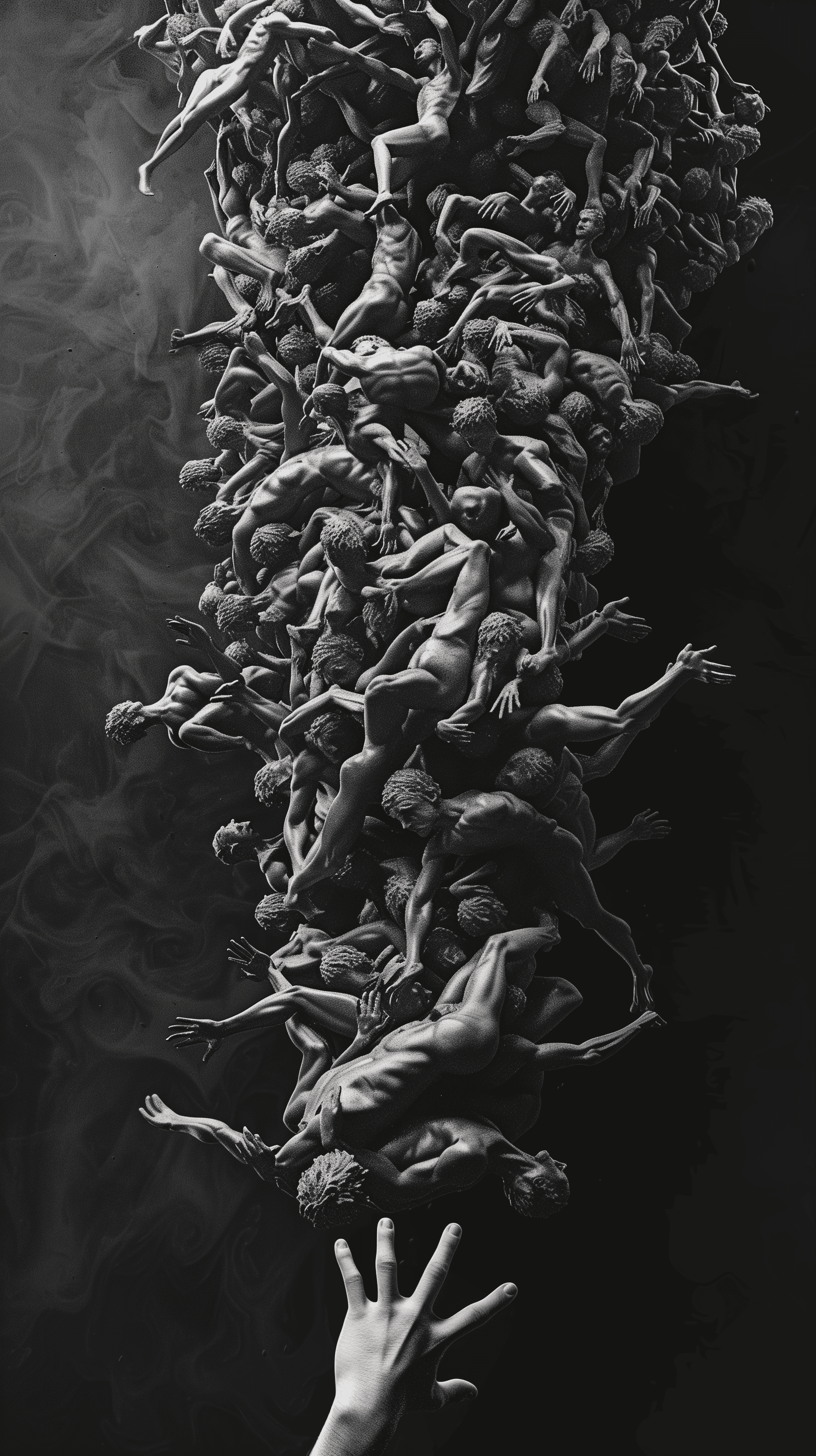 AI generated: surreal scene with a human figure at the bottom, reaching up towards a cascade of intertwined human ...