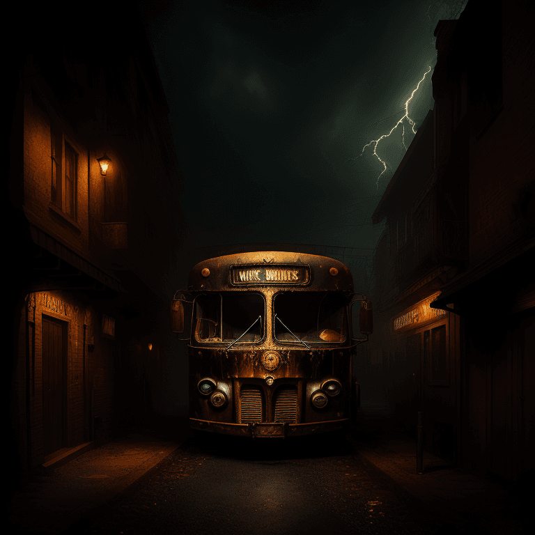 AI generated: bus parked in an alley, lightning night, mysterious, hyperrealism, steampunk style, burnt amber colo...