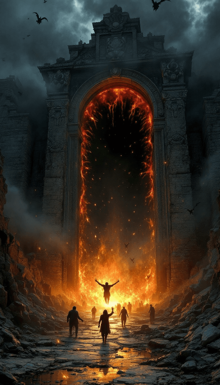 AI generated: A **monumental and terrifying scene** depicting the **Gates of Hell bursting open**, unleashing **un...