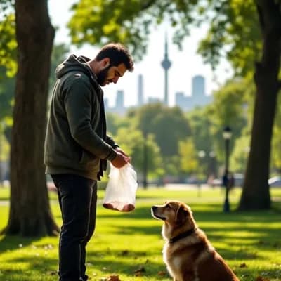 AI generated video: A man is cleaning up after his dog in a park in Tehran. He holds a plastic bag in his hand as he ben...