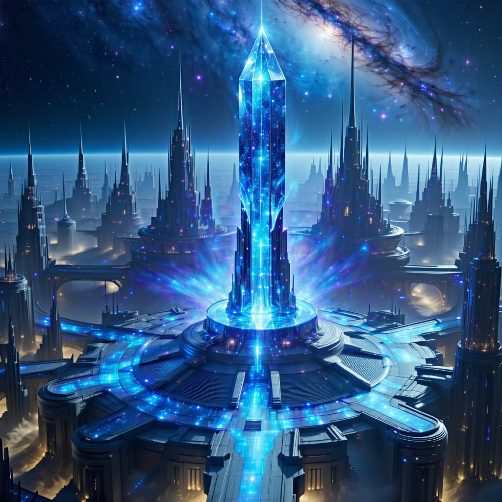 AI generated: The Aevyrnian Spire of Sentience stands at the heart of a vast Advancing intellect metropolis, a fut...
