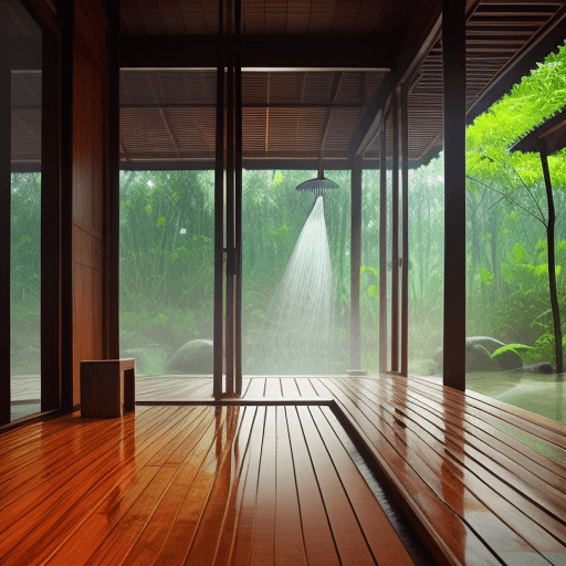 AI generated: Shower Thailand style, wood and rocks floor, full of nature