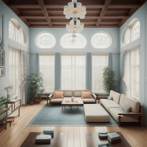 AI generated: High resolution photography interior design, dreamy sunken living room conversation pit, wooden floo...