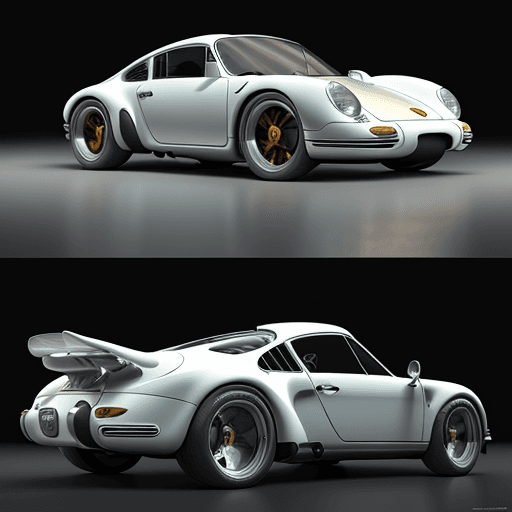 AI generated: highly detailed infographic of retrofuturistic swoopy porsche cars found in bluemap, wide racing whe...