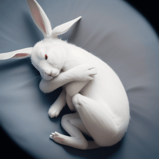 AI generated:  in the middle of the picture, a white rabbit, looks simple and harmless, lying on its side,curled u...