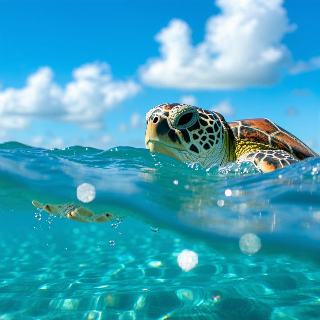 AI generated: Capture the breathtaking moment of a sea turtle's head just breaking the surface of the ocean on a s...