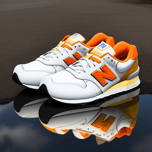 AI generated: photograph, productive, New Balance 327, white and orange, yellow, reflection