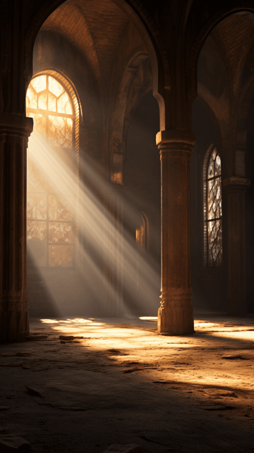 AI generated: In the dark, there is an indoor scene with walls made of arched windows and arches filled with golde...
