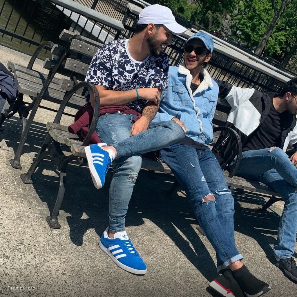 AI generated: The person who is on the left side change his shoes to be the uploaded shoes 