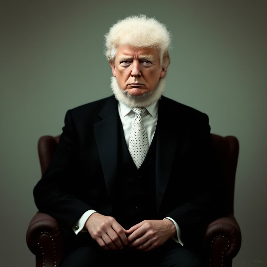 AI generated: A surreal portrait of Fred Trump sr. with a white poodle for a body. The style is inspired by the wo...