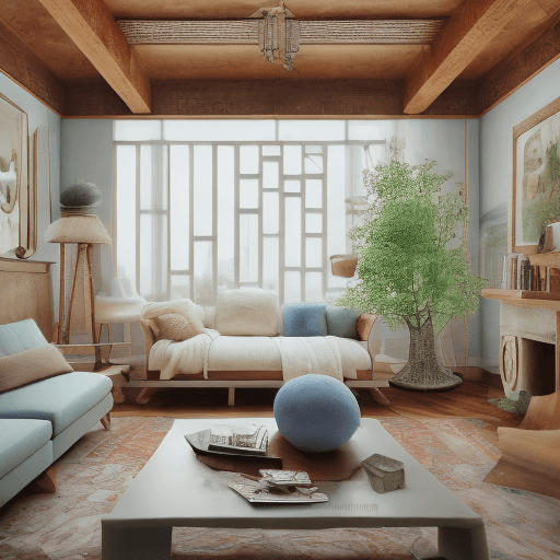 AI generated: High resolution photography interior design, dreamy sunken living room conversation pit, wooden floo...